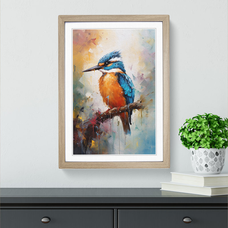 Kingfisher Impressionism - Single Picture Frame Print on Wood, Oak Framed, 46cm H x 34cm W x 2cm D