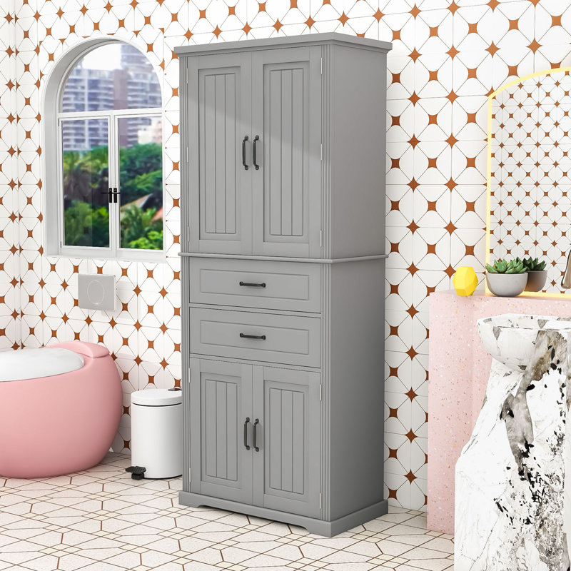 Armoire de rangement autoportante minimaliste avec tablette réglable, tiroirs et sécurité anti-basculement, Gris