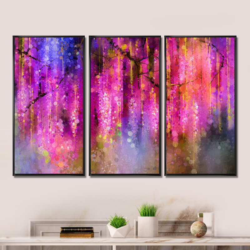 Printemps mauve et violet fleur de floraison des arbres de glycine - ensemble de 3 reproductions sur toile flottante