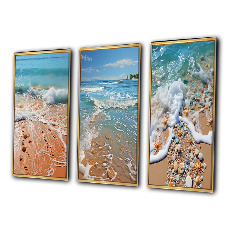 «Turquoise Beach Seashell», 3 pièces sur toile, Encadrement doré, H 40 po x l 60 po