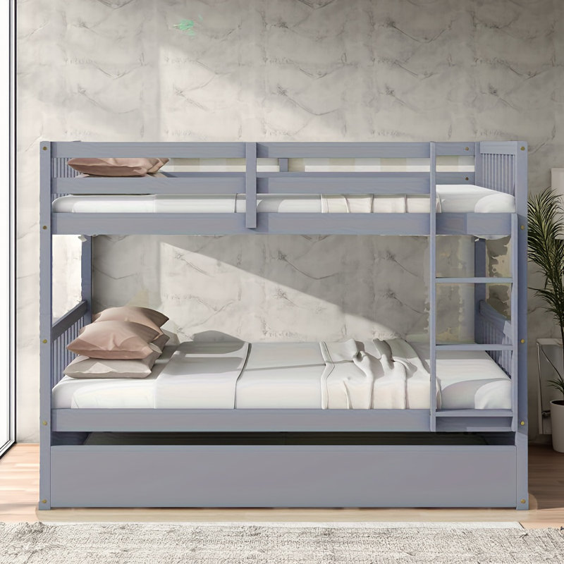 Lit superposé double au-dessus d'un lit double en bois d'hévéa avec lit gigogne simple - convertible en 2 lits doubles, comprend échelle et garde-corps, bois d'hévéa massif robuste, assemblage facile pour les chambres d'enfants et d'invités