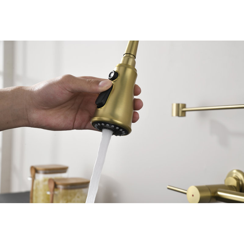 Robinet de cuisine central brossé à fixation murale 8 pouces avec pont transitionnel et douchette extractible, Doré