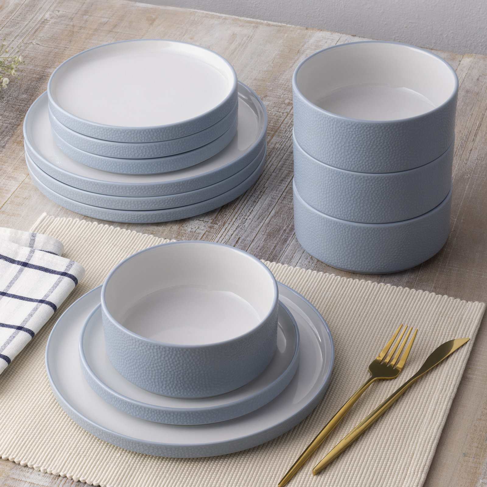 Colortex Stone Porcelain Dinnerware Set - Service for 4, Aqua