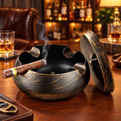 Extra Large Cigar Ashtray with Lid and Four Cigar Rests for Indoor Outdoor Use
