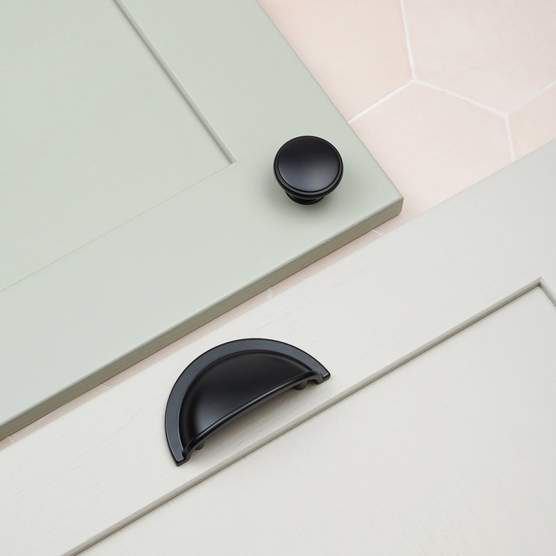 Matt Black Cup Handle & Matching Knob Shaker Cabinet Cupboard Door Drawer Pull, 38mm Knob