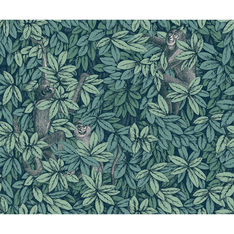 Foglie e Scimmie Floral Wallpaper Roll, Viridian