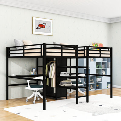 Lit mezzanine avec bureau double, garde-robe, tablettes et prises de courant