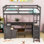 Lit mezzanine 2 tiroirs avec bureau en U, tablettes, armoire et garde-corps