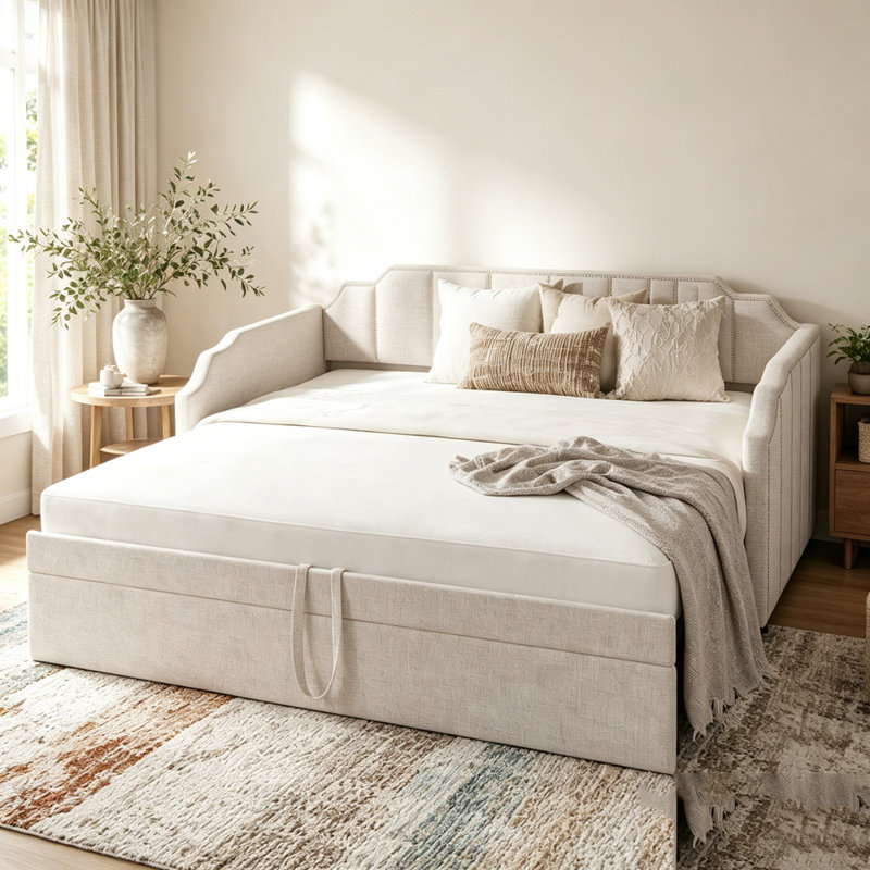 Lit de jour simple rembourré avec couchette escamotable et ports de chargement USB, Beige