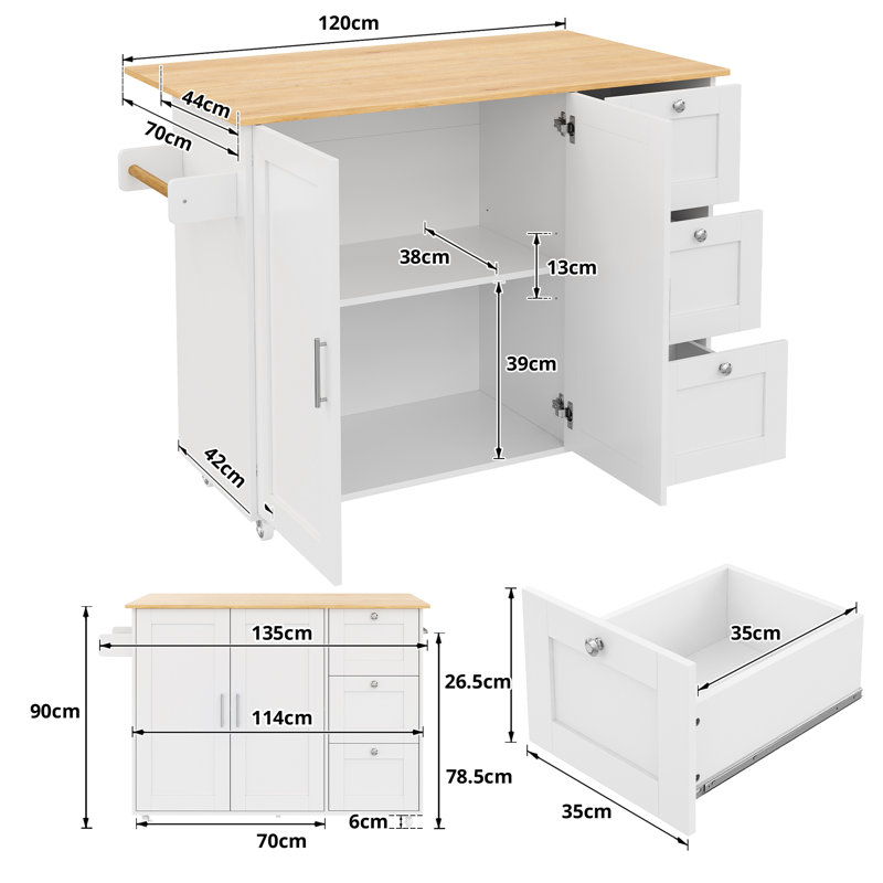 Buendia Kitchen Trolley with 3 Drawers and Storage Cupboards, Foldable Worktop, White
