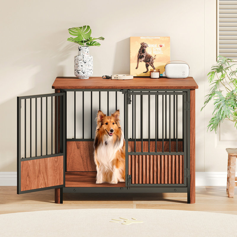 Cage pour chien en bois de noyer cannelé pour petits et moyens chiens, H 25,2 po x l 31,5 po x P 23,62 po
