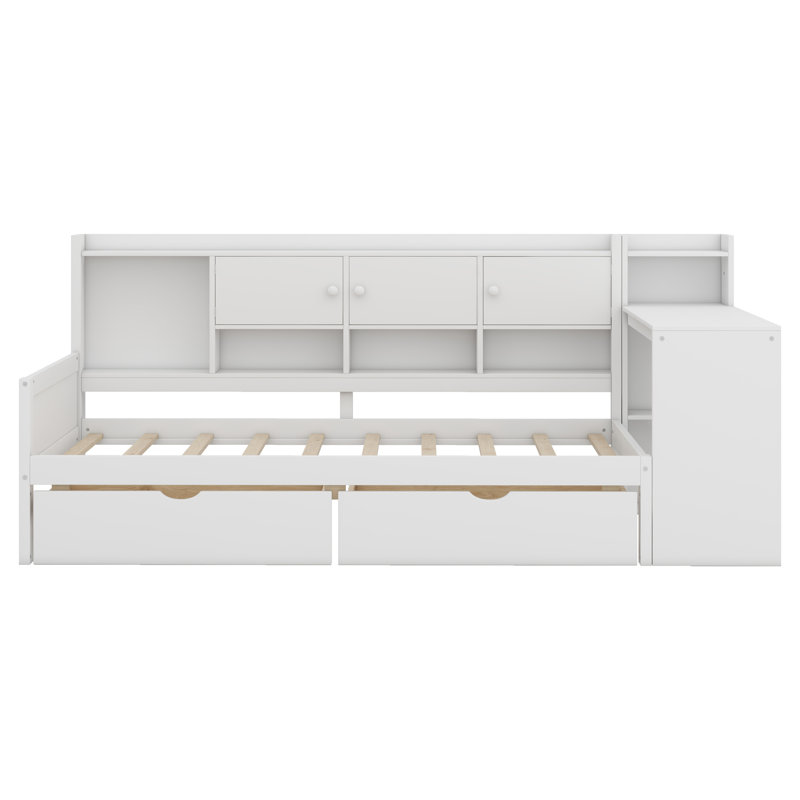 Wooden L-Shape Daybed With Seven Storage Cabinets,Two Storage Drawers,Study Desk And Built-In Bookshelf, White, Twin