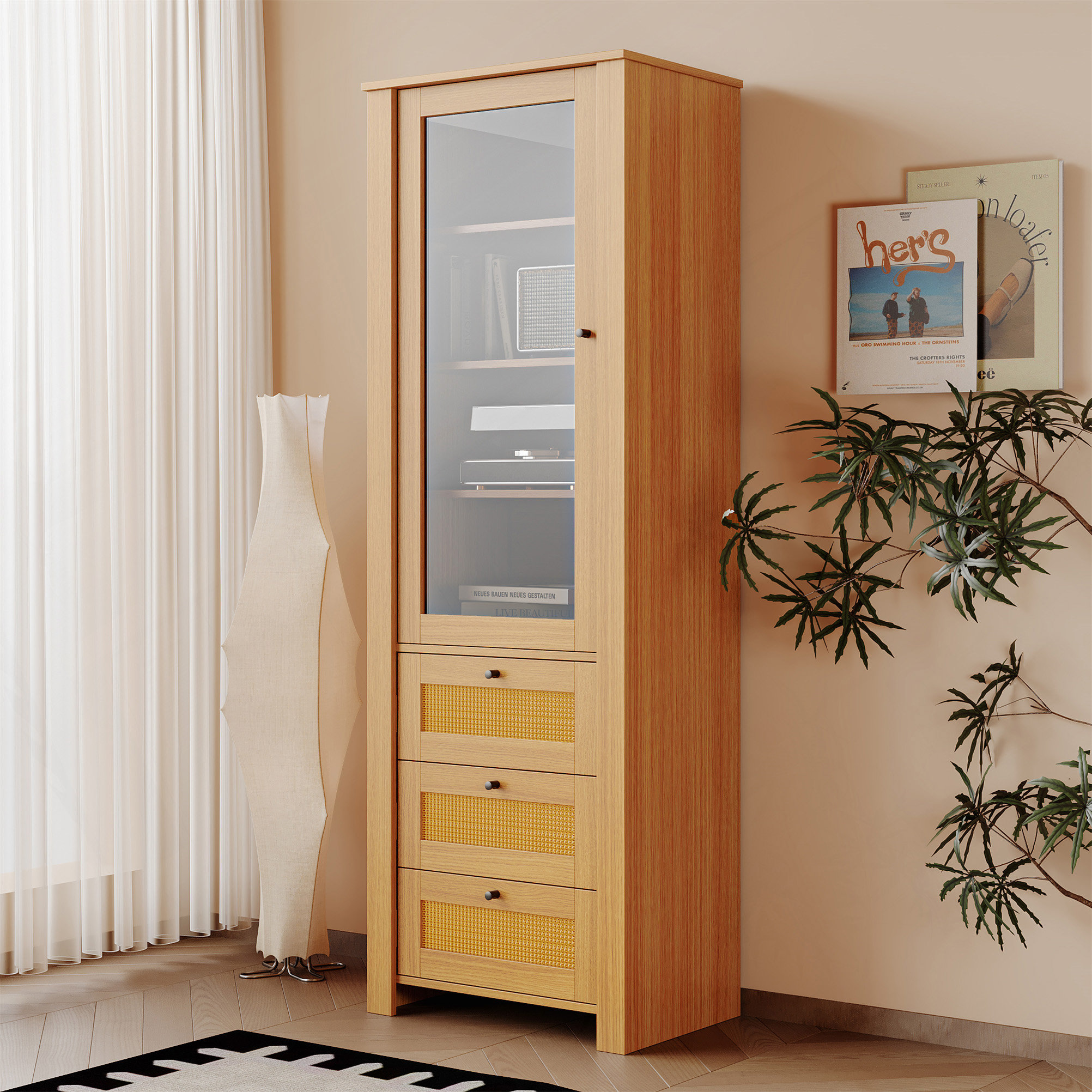 Red Barrel Studio® Rattan Door Bookshelf Display Case With Drawer ...