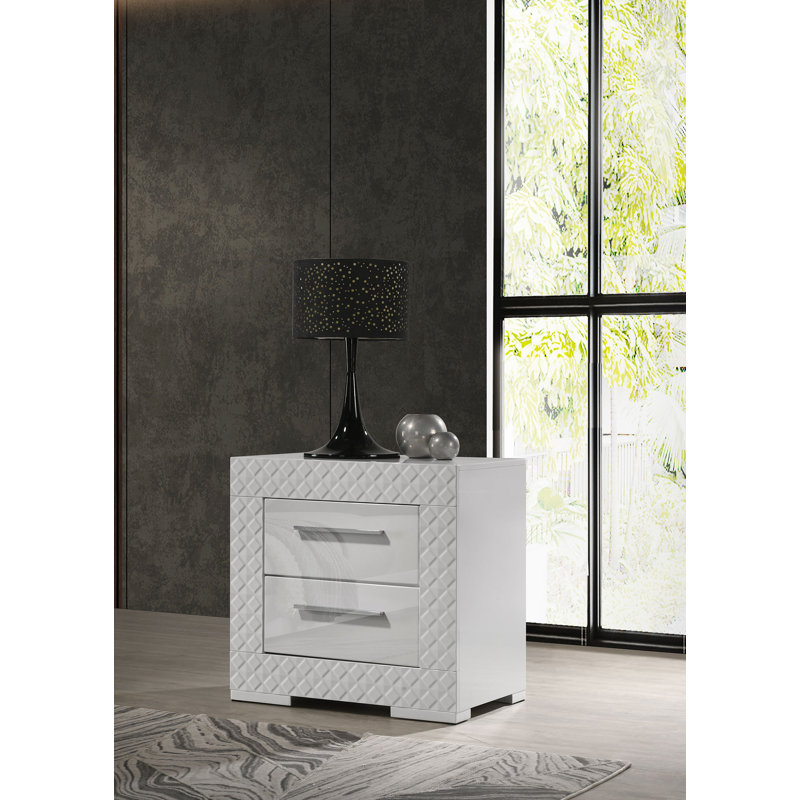 Table de chevet 2 tiroirs Ives ultrabrillante, Blanc