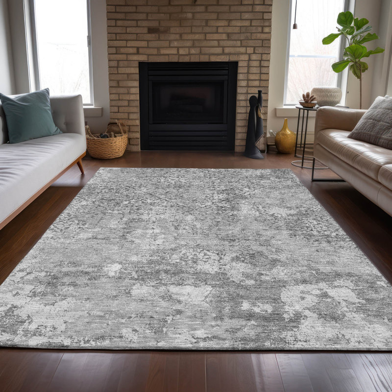 Tapis intérieur / extérieur en polyester ivoire / gris Jenefer, Rectangle 8 pi x 10 pi