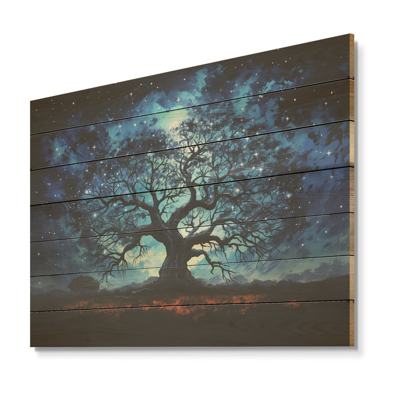 Blue Serengeti Tree I - Arbre africain sur bois, H 30 po x l 40 po x P 0,78 po