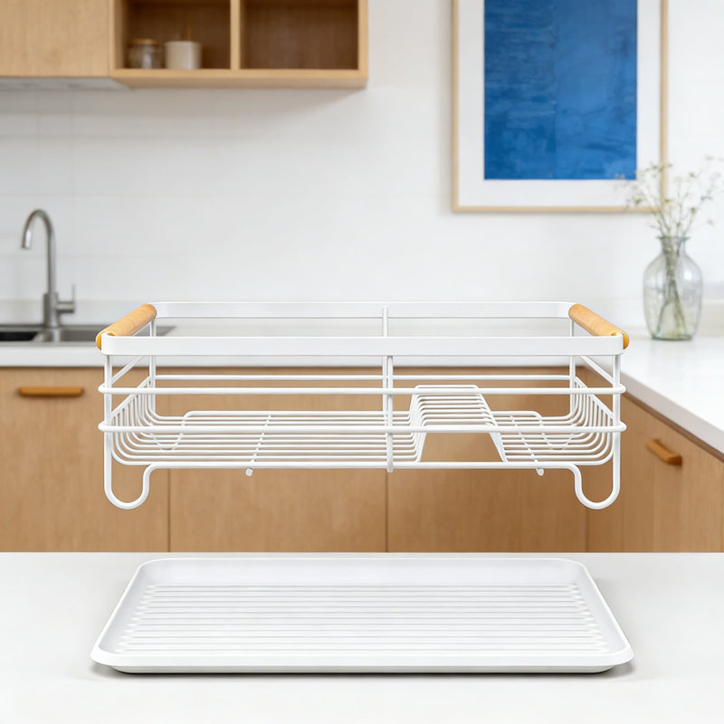Égouttoir à vaisselle pour comptoir de cuisine - poignées en bois, métal durable, sans assemblage, petit, blanc