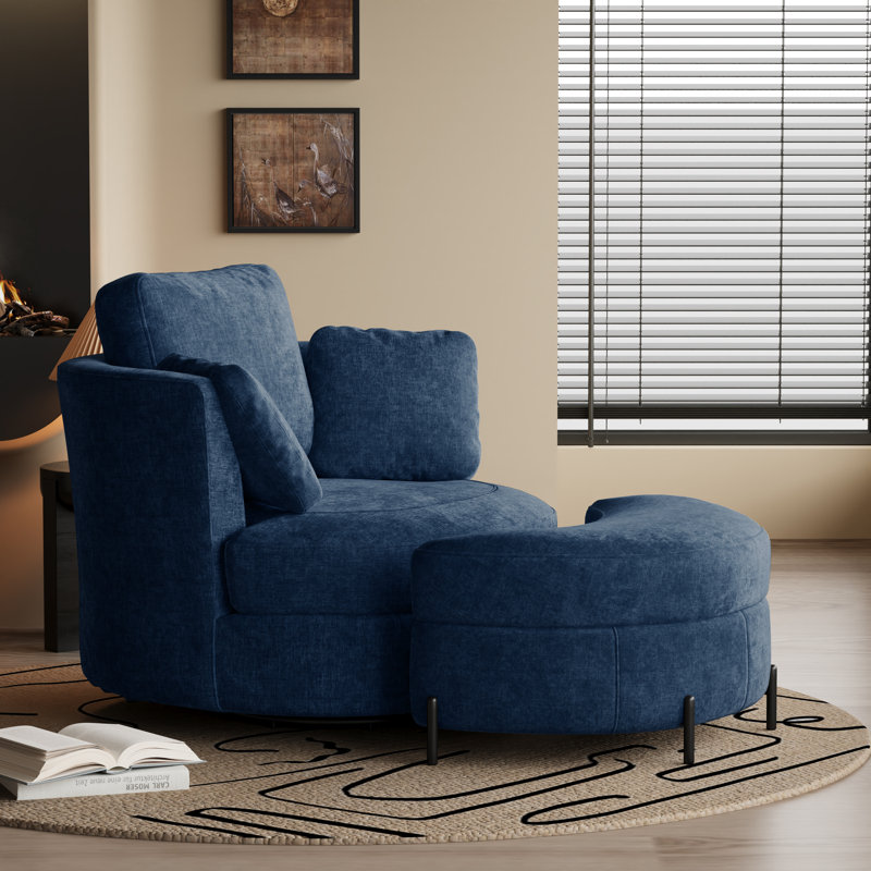 Ensemble de fauteuil d'appoint, fauteuil demi-tonneau pivotant à 360 ° et repose-pieds avec rangement, Marine
