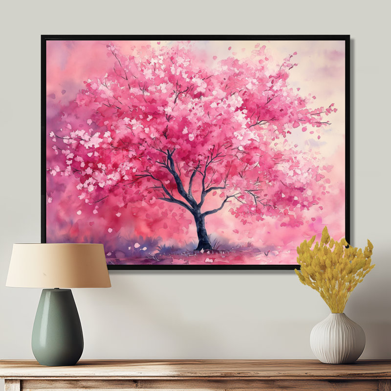 Art mural fleur rose, toile d'arbre en fleurs, arbre en fleurs rose, H 30 po x l 40 po, Cadre flottant noir