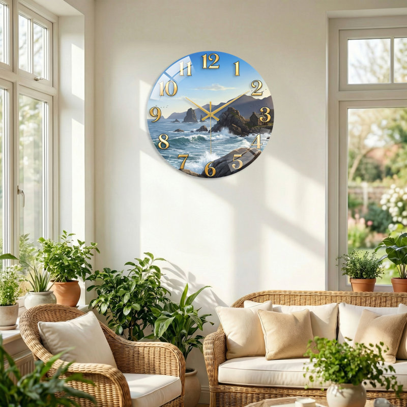 "Coastal Landscape", horloge murale en verre, 40 x 40 cm (15,7 x 15,7 pouces)