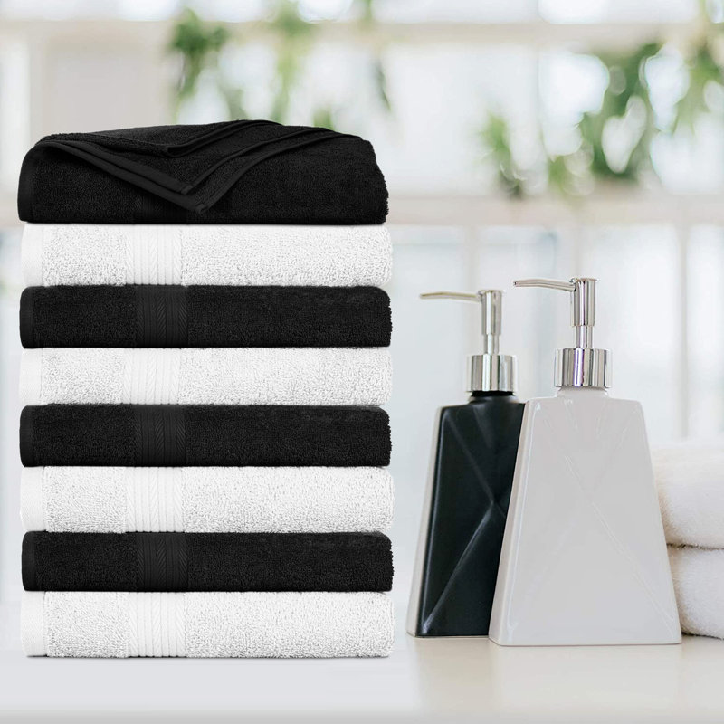 100% Cotton 600 GSM Bath Towels, White/Black