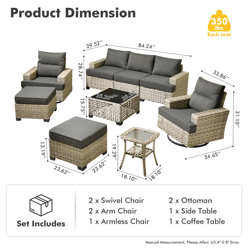 Carolle 8-Piece Outdoor Patio Furniture All-Weather 7-Person PE Wicker Outdoor Conversation Set, Patio Couch Swivel Rocker Chairs With Solar Powered Coffee Tables For Backyard,Poolside,Deck