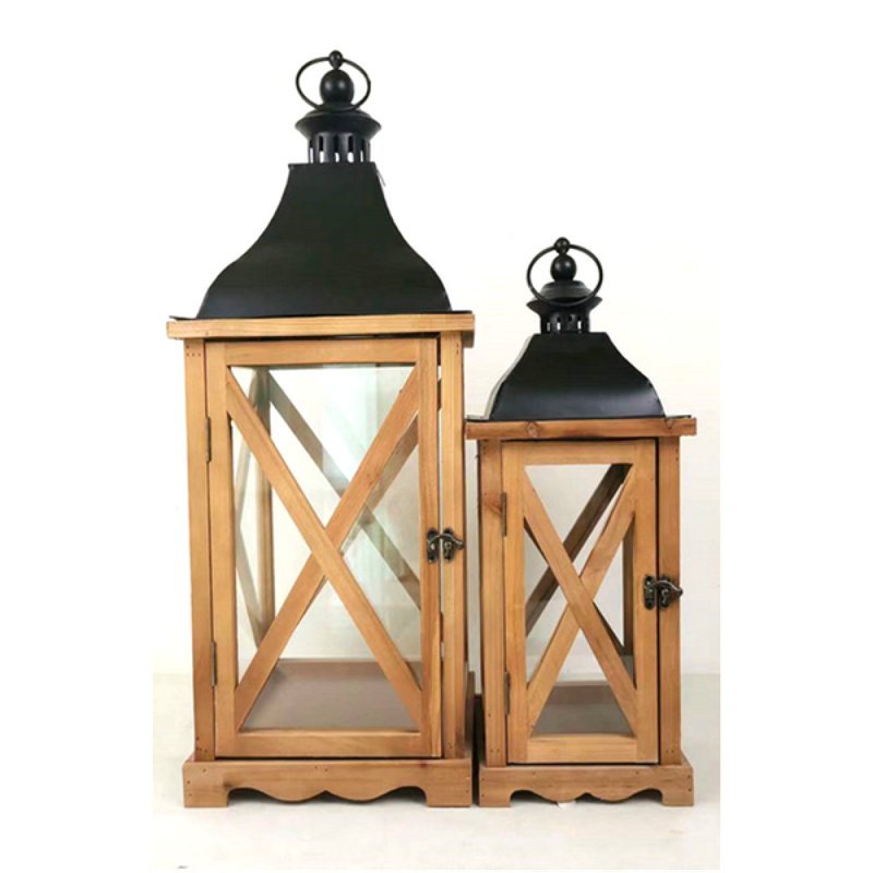 Ensemble de 2 lanternes à cadre en bois avec couvercle en fer et portes en verre