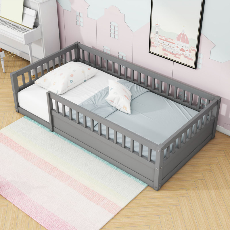 Floor Bed Frame with High Guardrails and Low Profile Design, Twin, Grey