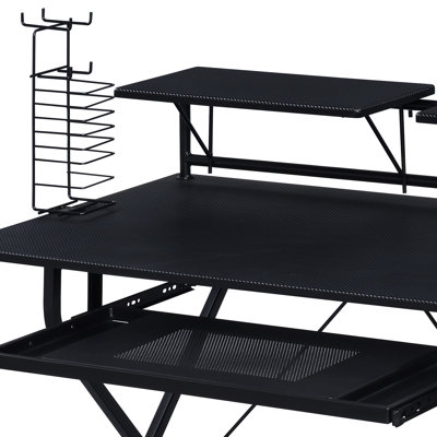 Bureau d'écriture noir avec plateau à clavier, construction stable et ordinateur pratique avec structure en bois et métal