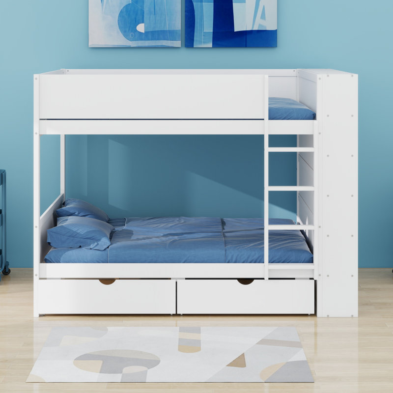 Lit superposé avec 2 tiroirs et armoire à couches multiples, Lit superposé double sur double, blanc