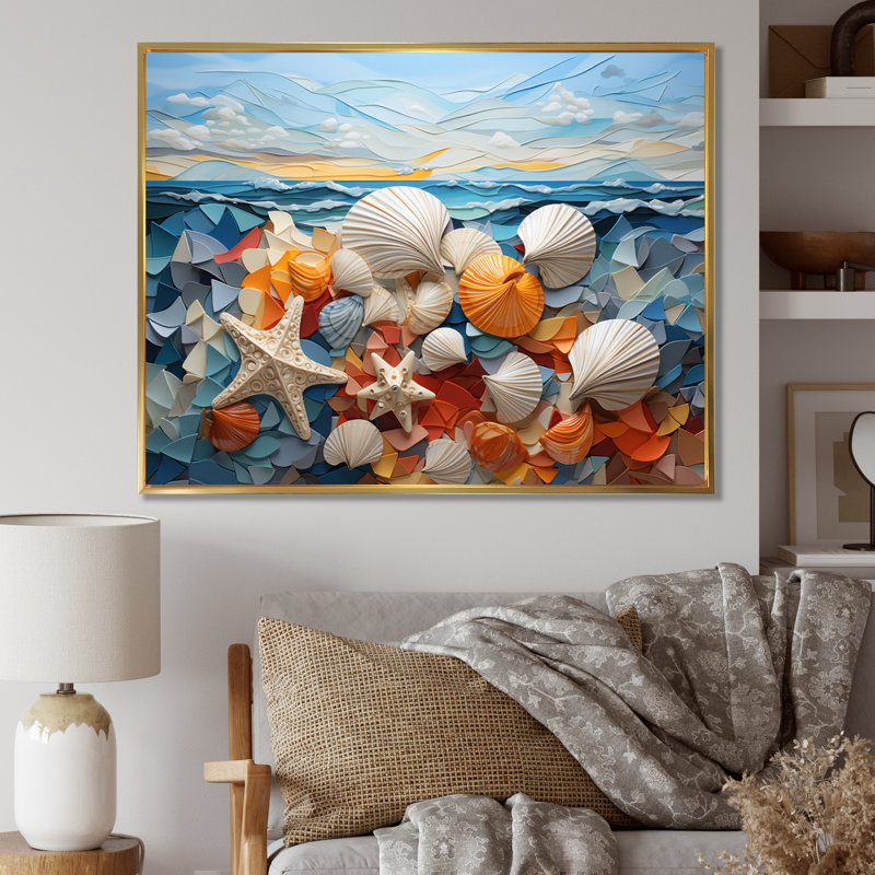 Coquillage sérénité en géométrique I - impression, H 30 po x l 40 po x P 1,5 po, Cadre flottant doré