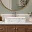 Lavabo-vasque rectangulaire en céramique, aspect marbre blanc, 48 cm (18,9 po) de largeur x 37 cm (14,56 po) de profondeur, avec bordure dorée et bonde standard de 4,4 cm (1,75 po).