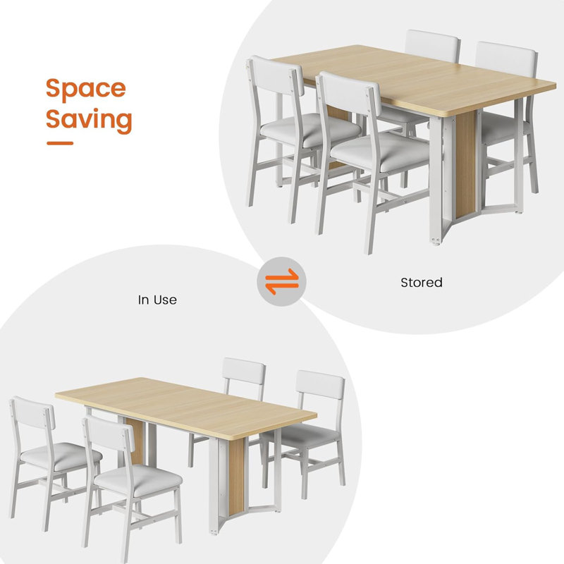 5-Piece Dining Table Set For 4-6 People, 63" Extendable Kitchen Table And 4 Cushion Chairs, Dining Room Table With Mdf Board & Metal Frame For Small Space, Easy Clean