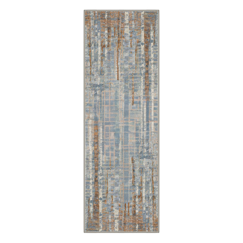 Tapis bleu / brun / beige à motif abstrait moderne lavable à la machine avec envers antidérapant Aura