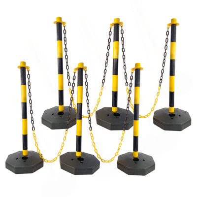 6 Pack Traffic Delineator Post Cones With Fillable Base, Adjustable Plastic Safety Barrier With 5Ft Plastic Chain, Outdoor And Indoor Crowd Control Stanchion For Traffic Control And Warning Y/B