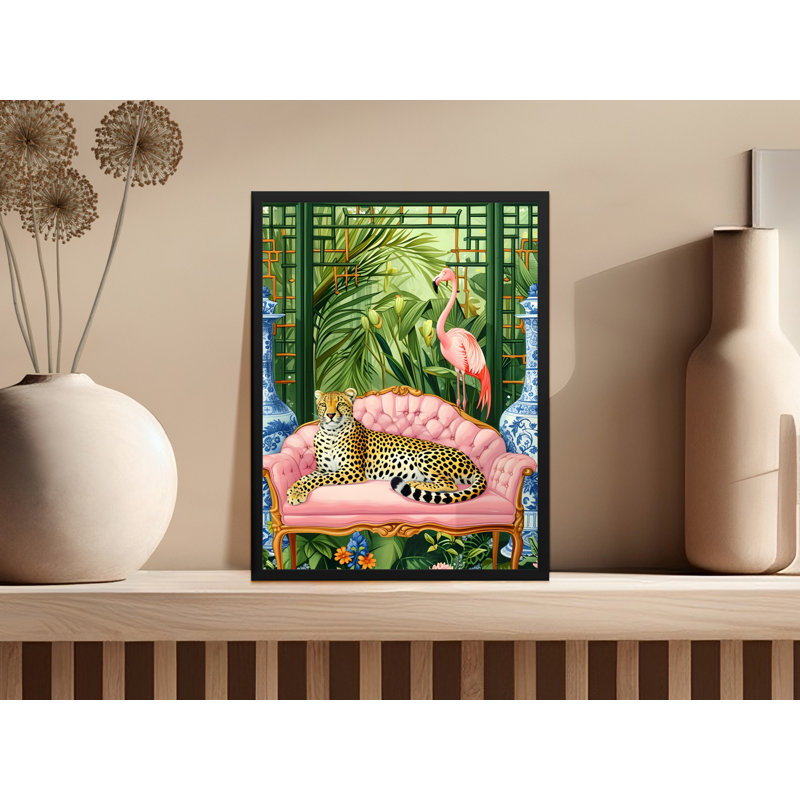 Tropical Wall Art, Leopard on Sofa, Flamingo Print, Botanical Decor, Framed Art, Multiple Sizes, Home Decor