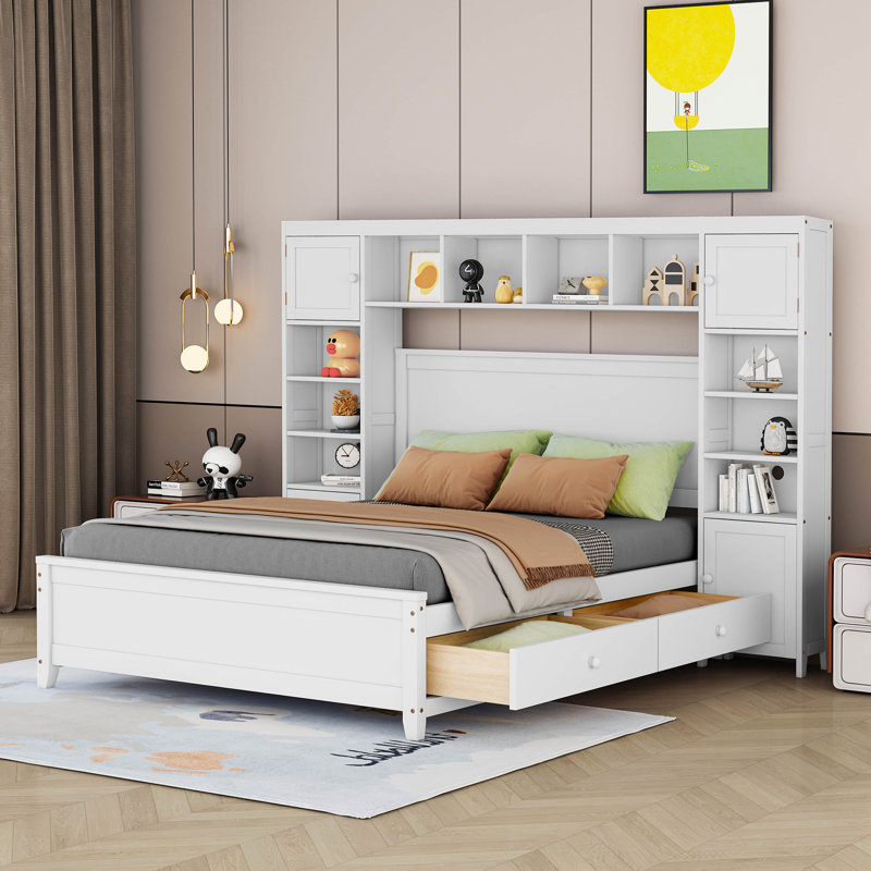 Lit plateforme double avec rangement, Blanc