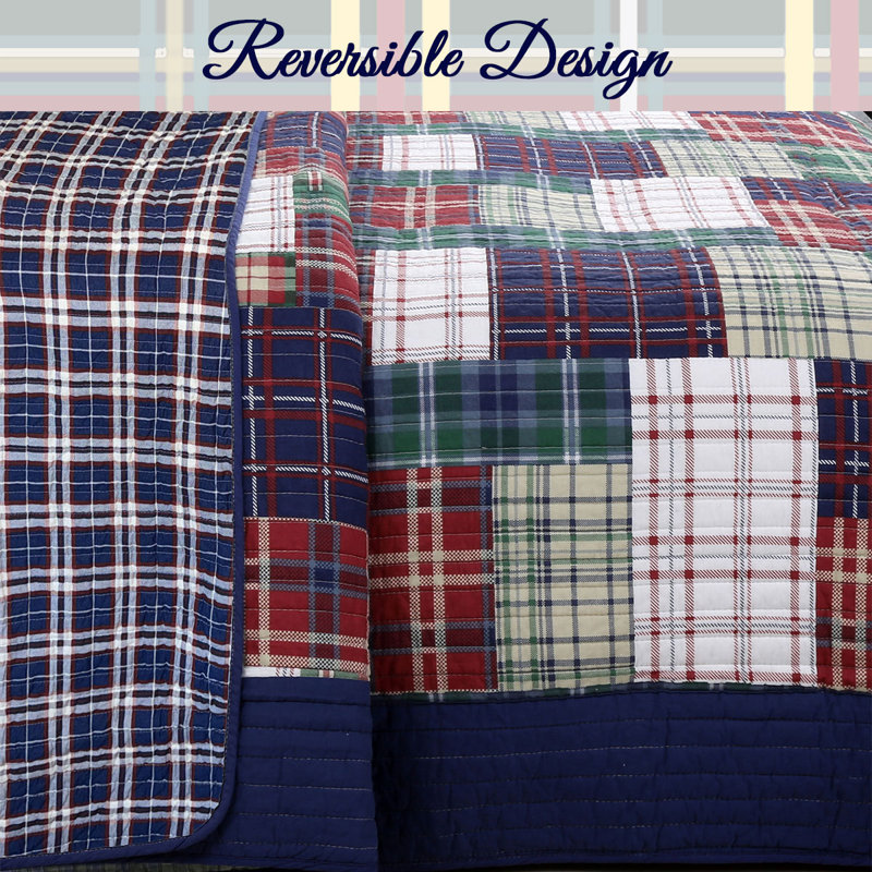 Ensemble de courtepointe réversible en coton rouge / vert / bleu Adleson, Courtepointe simple et 1 taie décorative