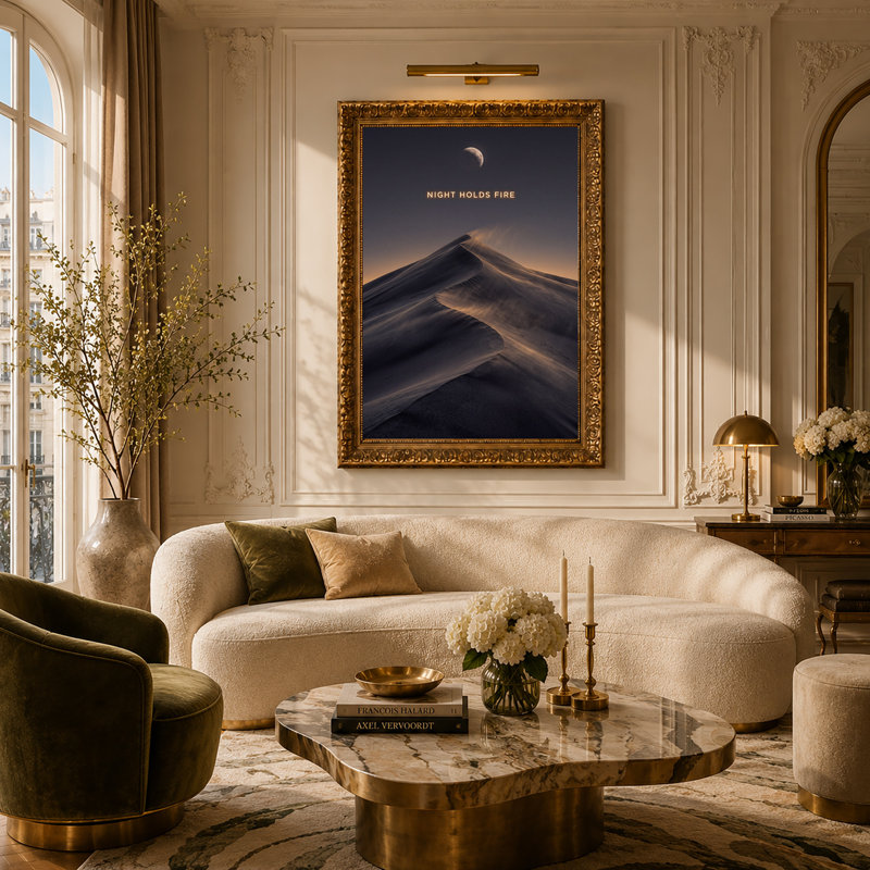 Toile de dunes de vent avec lune et ciel orange chaleureux, art mural, 24"H x 16"W