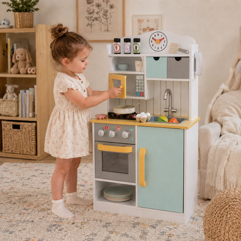 Teamson Kids Little Chef Florence Classic Interactive Wooden Play Kitchen with Accessories and Storage Space