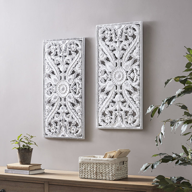 Décoration murale 2 pièces en bois patiné - Fleur de lotus blanc mat