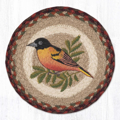  Oriole Bird Round Trivet – 10" Braided Jute Hot Pad with Bright Songbird Print