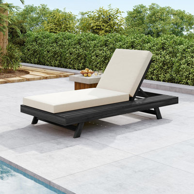 Set of 1  Lounge Chaise With Adjustable Reclining, Acacia Wood In Black, Water-Resistant Cushions For Outdoor Comfort And Style
