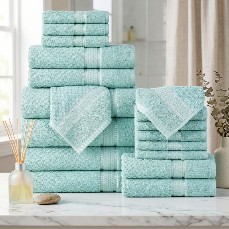 Collection de serviettes 100% coton Obed, Ensemble de serviettes 18 pièces, Vert menthe