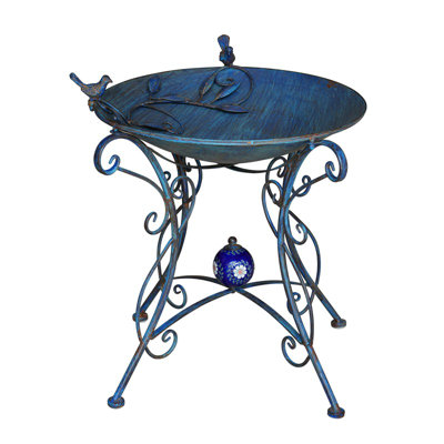 23in. Tall Iron Birdbath with Bird Detail & Porcelain Accent Rome 1945
