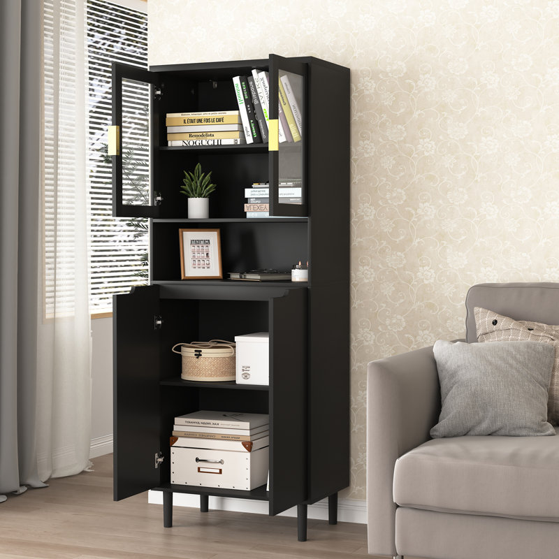 Tall Storage Show Cabinet with 2 Glass Display Door & 2 Doors, Black