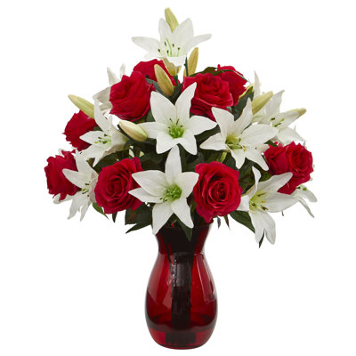 Arrangement floral artificiel lilies et roses en vase