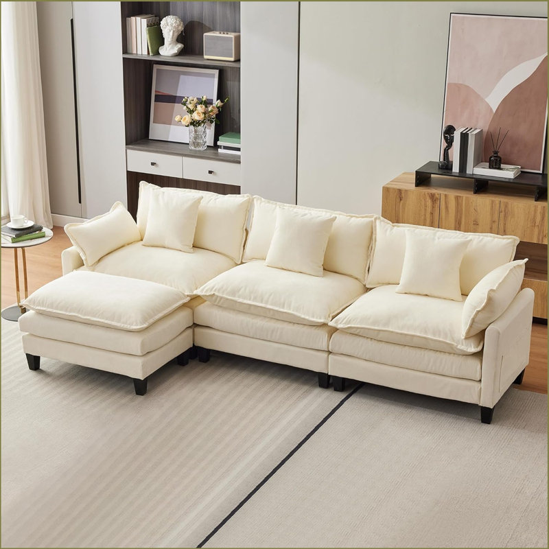 112''L-Shaped Modern Sofa Modular Combination Cloud Sofa With Ottoman 3-Seater Chenille Combo Set With 1 Footstool For Living Room, Bedroom And Apartment