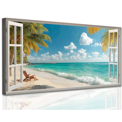  Plage, reproduction d'art sur toile, impression de l'océan bleu, style fenêtre ouverte, palmier tropical, art côtier, atmosphère sereine, art mural pour chambre à coucher, bureau de salon, 12 x 24 pouces