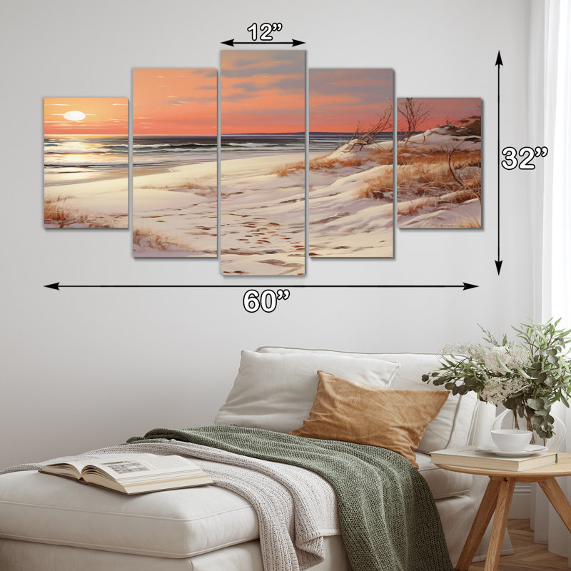 Plage Winterscene, pastel chaud coucher de soleil - Art mural sur toile plage - 5 panneaux